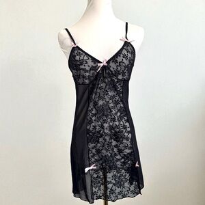 Y2K Black Lace Babydoll Slip Dress w/ Pink Bows Fairygrunge Lingerie Aesthetic